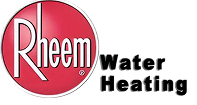 Rheem Water Heating logo on black background.